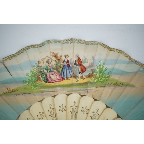 1540 - Three French fans: a mother of pearl and sequin fan boxed, a painted silk, feather and bone fan and ... 