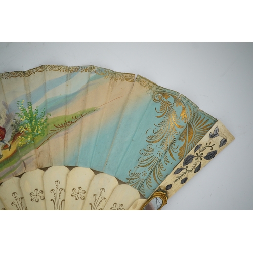 1540 - Three French fans: a mother of pearl and sequin fan boxed, a painted silk, feather and bone fan and ... 