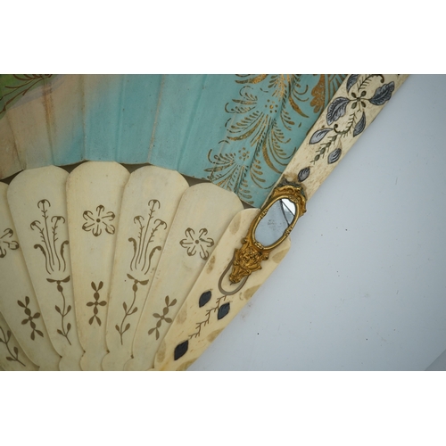 1540 - Three French fans: a mother of pearl and sequin fan boxed, a painted silk, feather and bone fan and ... 