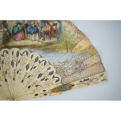 1540 - Three French fans: a mother of pearl and sequin fan boxed, a painted silk, feather and bone fan and ... 