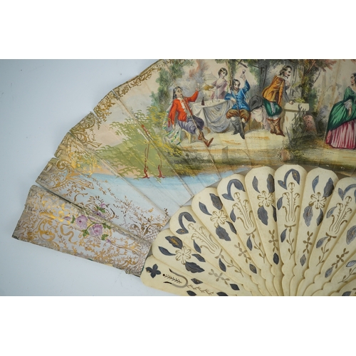 1540 - Three French fans: a mother of pearl and sequin fan boxed, a painted silk, feather and bone fan and ... 