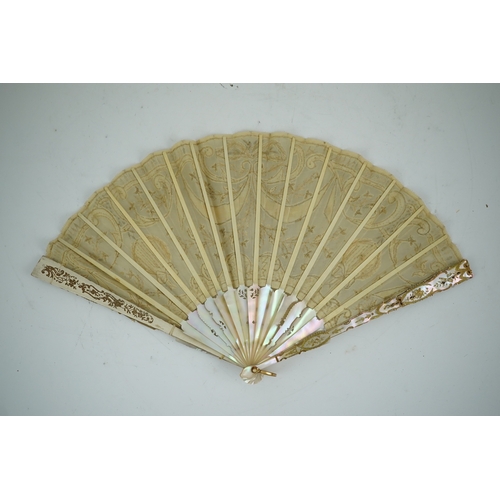 1540 - Three French fans: a mother of pearl and sequin fan boxed, a painted silk, feather and bone fan and ... 