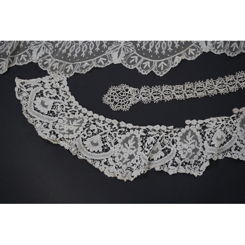 1549 - A white tape lace on net bed cover, a cream lace needle run panel, three Brussels bobbin lace collar... 