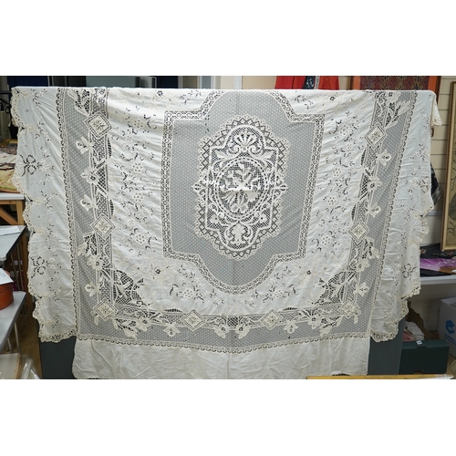 1558 - An ornate Edwardian bed cover, handmade from cut work anglaise panels, fine spot motif net and bobbi... 