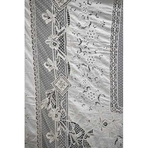 1558 - An ornate Edwardian bed cover, handmade from cut work anglaise panels, fine spot motif net and bobbi... 