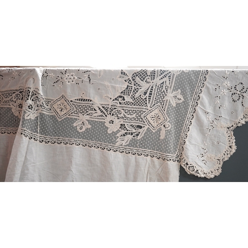 1558 - An ornate Edwardian bed cover, handmade from cut work anglaise panels, fine spot motif net and bobbi... 