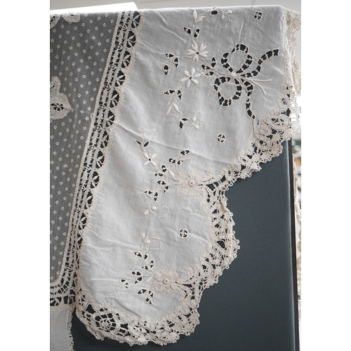 1558 - An ornate Edwardian bed cover, handmade from cut work anglaise panels, fine spot motif net and bobbi... 