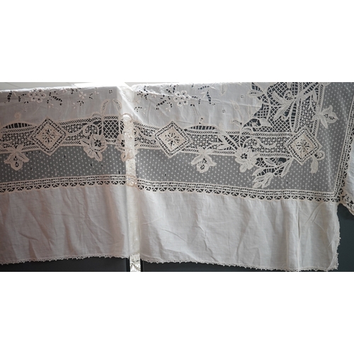 1558 - An ornate Edwardian bed cover, handmade from cut work anglaise panels, fine spot motif net and bobbi... 