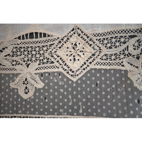 1558 - An ornate Edwardian bed cover, handmade from cut work anglaise panels, fine spot motif net and bobbi... 