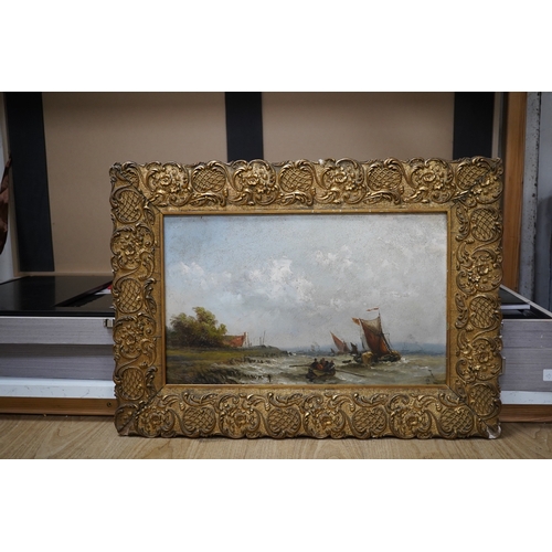 1668 - English School, c.1900, oil on board, Fishing boats off the coast, unsigned, 28 x 45cm, ornate gilt ... 