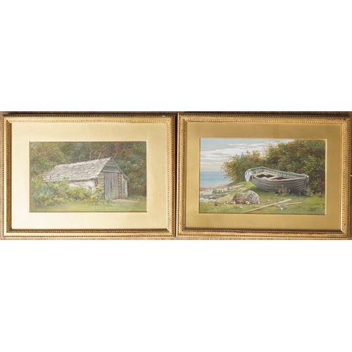 1672 - F.W.B., pair of watercolours, Boat shed and Beached boat, each monogrammed, 16 x 27cm, housed in gil... 