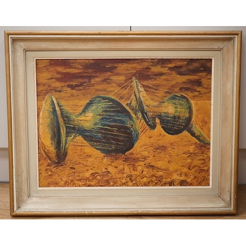 1675 - Gillian M. Eccles, 1960's oil on board, Abstract composition vessels, 37 x 49cm. Condition - good... 