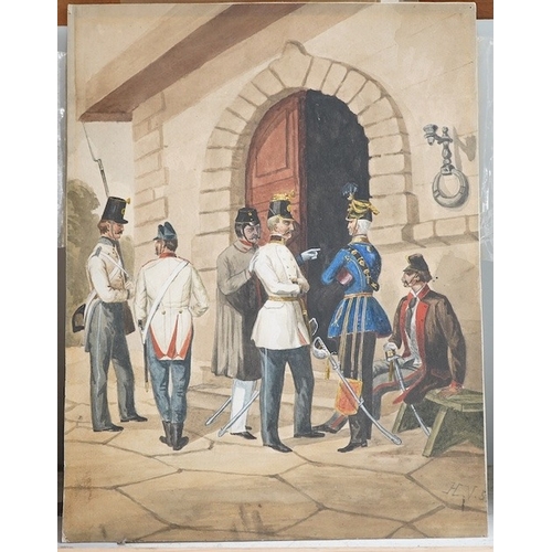 1689 - 19th century School, watercolour on card, Gentleman wearing military dress, monogrammed H V, 36 x 28... 