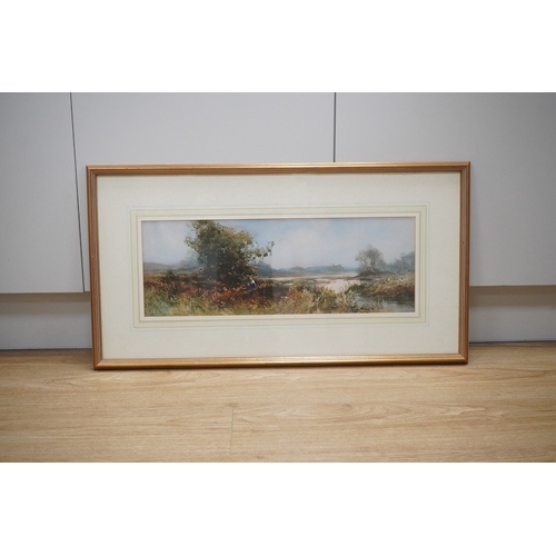 1694 - Sidney Hines, watercolour, Riverscape with figures, 18 x 53cm. Condition - good