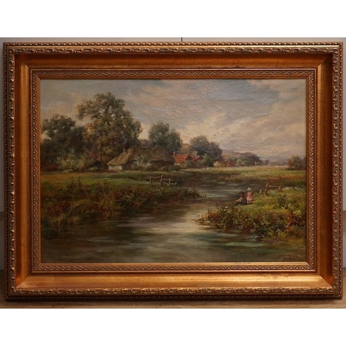 1713 - F. Miles (19th. C), oil on canvas, 'A backwater near Sunbury', signed, 34 x 49cm, ornate gilt framed... 