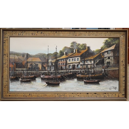 1741 - Kevin Platt (b.1945), oil on canvas, Harbour view with moored fishing boats, signed, 49 x 100cm. Con... 