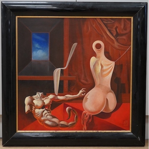 1742 - Jonathon Coudrille (b.1945), surreal oil on panel, Laying the ghost of my fathers muse a lower astr... 