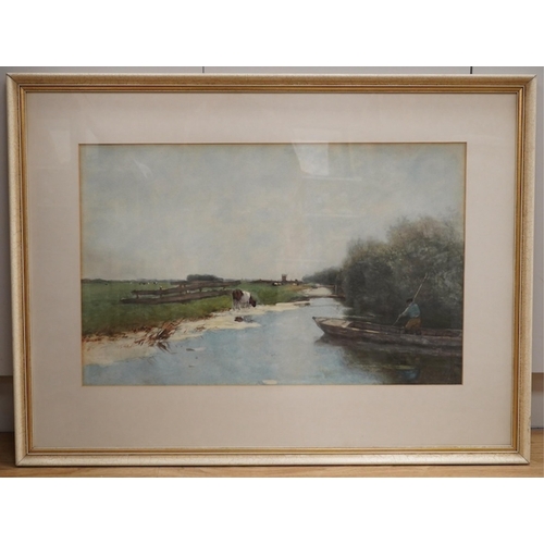 1745 - Dutch School, watercolour, Riverscape with boatman, unsigned, 46 x 72cm. Condition - fair