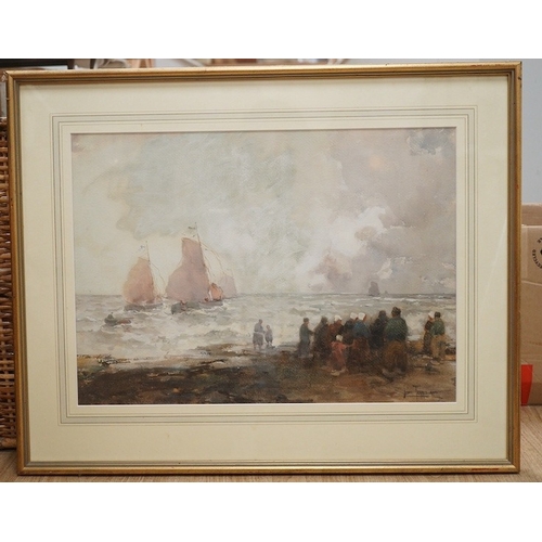 1747 - John Terris (Scottish, 1865-1914), watercolour, Dutch fisherfolk on a beach, signed, label verso, 37... 