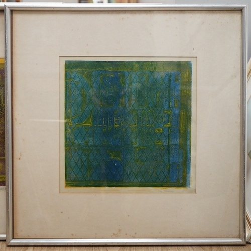 1749 - Three colour screen prints, Abstract compositions, including one by Kay Homewood and one by Margaret... 