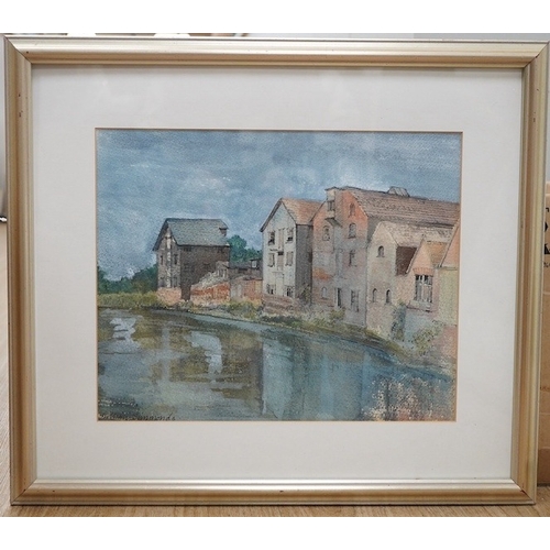 1752 - Gillian Simmonds, watercolour, Riverside warehouses, Lewes, signed, label verso, 27 x 35cm. Condit... 