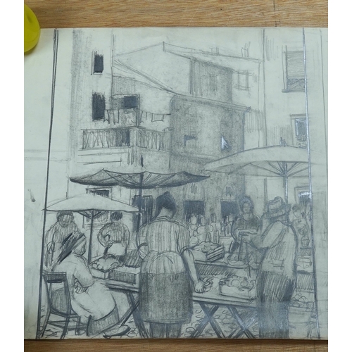 1765 - Adrian Paul Allinson ROI (1890-1959), two pencil / charcoals from the artists sketch book, Market sc... 