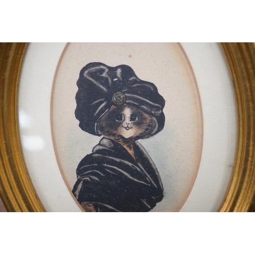 1781 - Style of Louis Wain (1860-1939), pair of oval watercolours, Comical studies of cats, 12 x 8.5cm, gil... 