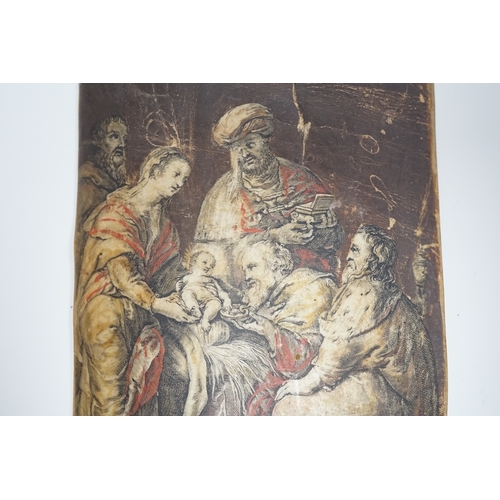 1783 - Old Master style, overpainted print on vellum, Adoration of Christ, unframed, 14 x 9.5cm. Condition ... 