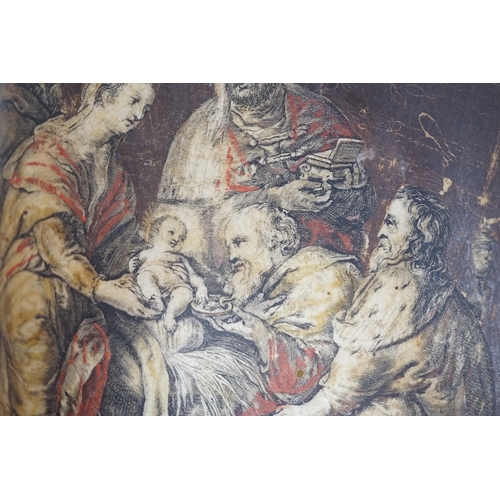 1783 - Old Master style, overpainted print on vellum, Adoration of Christ, unframed, 14 x 9.5cm. Condition ... 