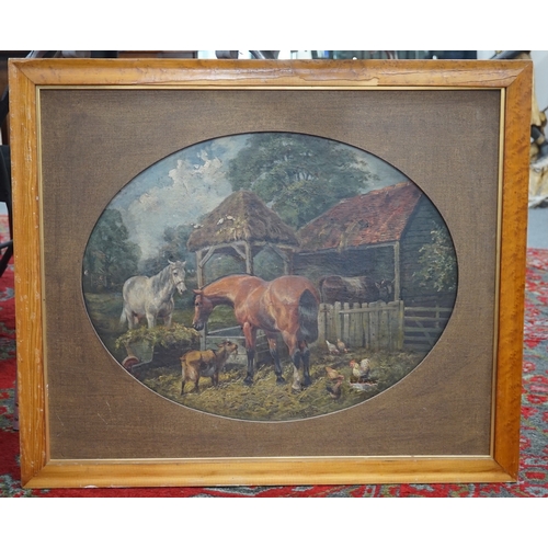 1792 - After J. F. Herring (1815-1907), tondo oil on canvas, farmyard scene, 47cm in diameter, maple framed... 