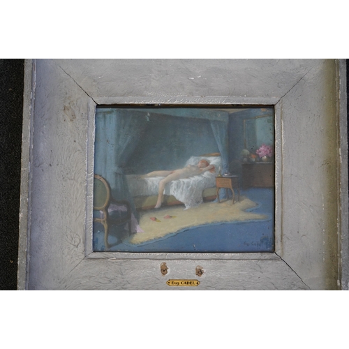 1793 - Eugène Cadel (French, 1862-1941), oil on panel, La Chambre Bleu and La Chambre Rose, (2) signed, 22 ... 