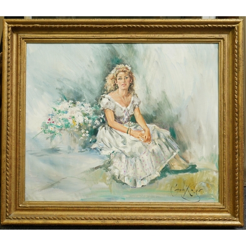 1796 - Gordon King (English, 1939-2022), oil on canvas, Young woman seated in a white dress, signed, 49 x 5... 