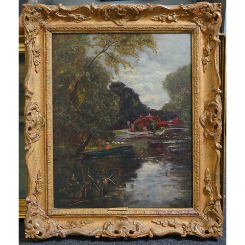 1799 - Joshua Anderson Hague R.I., R.B.A., P.R.C.A. (English, 1850-1916), oil on canvas, Punt on a river, a... 