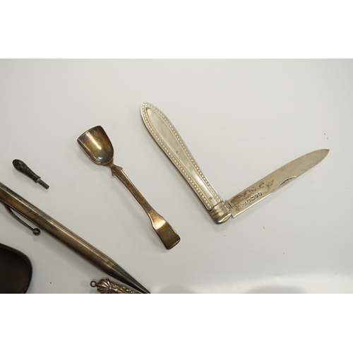 1826 - A small collection of mainly small silver items including a Victorian fruit knife, bookmarks, hare c... 