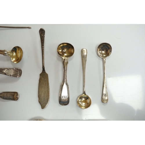 1833 - Ten assorted items of silver flatware including a mid 18th century mote spoon by Elizabeth Jackson?,... 