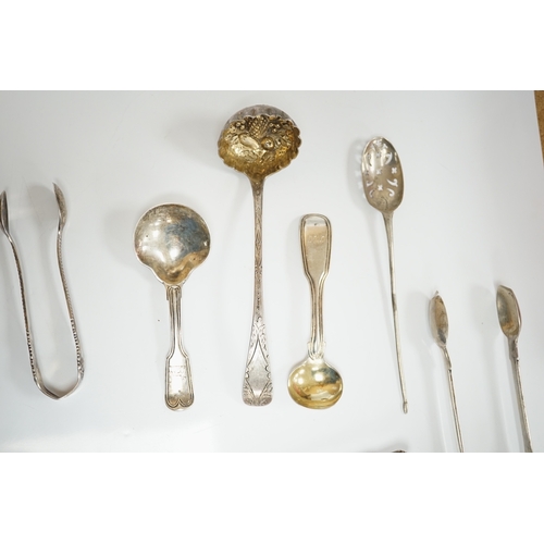 1833 - Ten assorted items of silver flatware including a mid 18th century mote spoon by Elizabeth Jackson?,... 