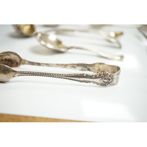 1833 - Ten assorted items of silver flatware including a mid 18th century mote spoon by Elizabeth Jackson?,... 