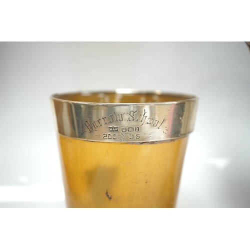 1842 - A late Victorian silver mounted horn beaker, Mappin & Webb, Sheffield, 1896, 10.6cm, a.f. a similar ... 