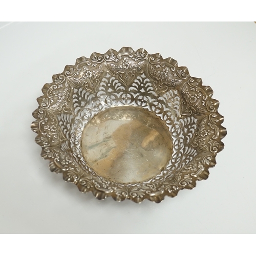 1844 - A late Victorian pierced silver bonbon dish, Atkin Brothers, Sheffield, 1895, diameter 16.2cm, a sim... 