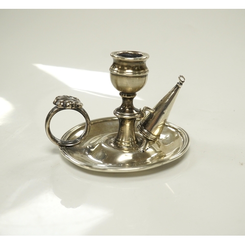 1857 - A George III miniature silver chamber stick, Emes & Barnard, London, 1815(a.f.), with matching snuff... 