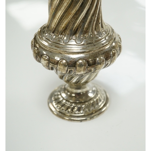 1858 - A Victorian repousse spiral fluted pedestal sugar caster, Thomas Bradbury & Sons, London, 1889, 18.3... 