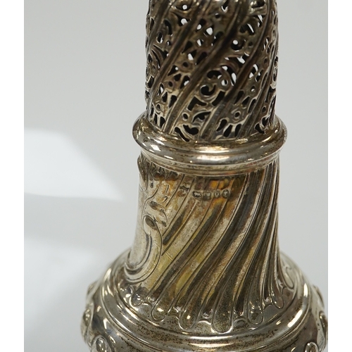 1858 - A Victorian repousse spiral fluted pedestal sugar caster, Thomas Bradbury & Sons, London, 1889, 18.3... 