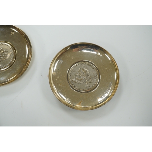 1868 - A pair of 1970's Brittania standard silver Prussian eagle inset commemorative trinket dishes, 96mm a... 