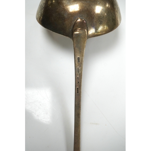 1875 - An 18ct century silver Old English pattern soup ladle, pinched marks, 32.8cm, 4.5oz. Condition - poo... 