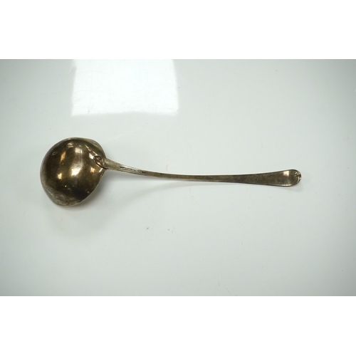 1875 - An 18ct century silver Old English pattern soup ladle, pinched marks, 32.8cm, 4.5oz. Condition - poo... 