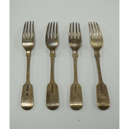 1878 - A Victorian harlequin part canteen of silver fiddle pattern flatware, various date and makers, 46.1o... 