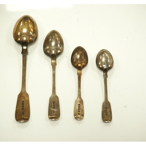 1878 - A Victorian harlequin part canteen of silver fiddle pattern flatware, various date and makers, 46.1o... 