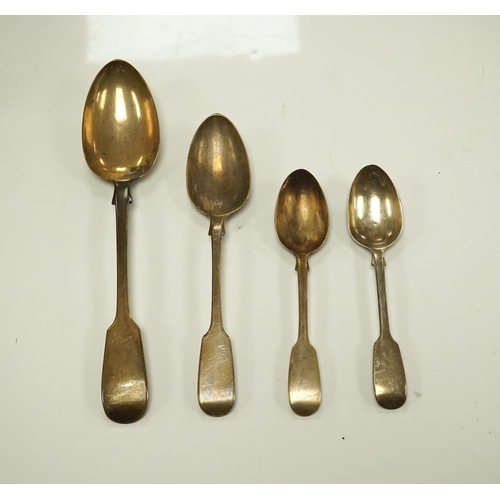 1878 - A Victorian harlequin part canteen of silver fiddle pattern flatware, various date and makers, 46.1o... 