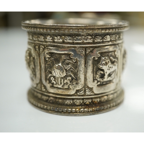 1879 - Two pairs of Victorian silver napkin rings and a George III silver wine funnel with later embossed d... 