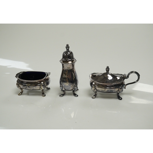 1881 - A cased 1960's three piece silver condiment set by William Suckling Ltd and and a cased pair of  Geo... 